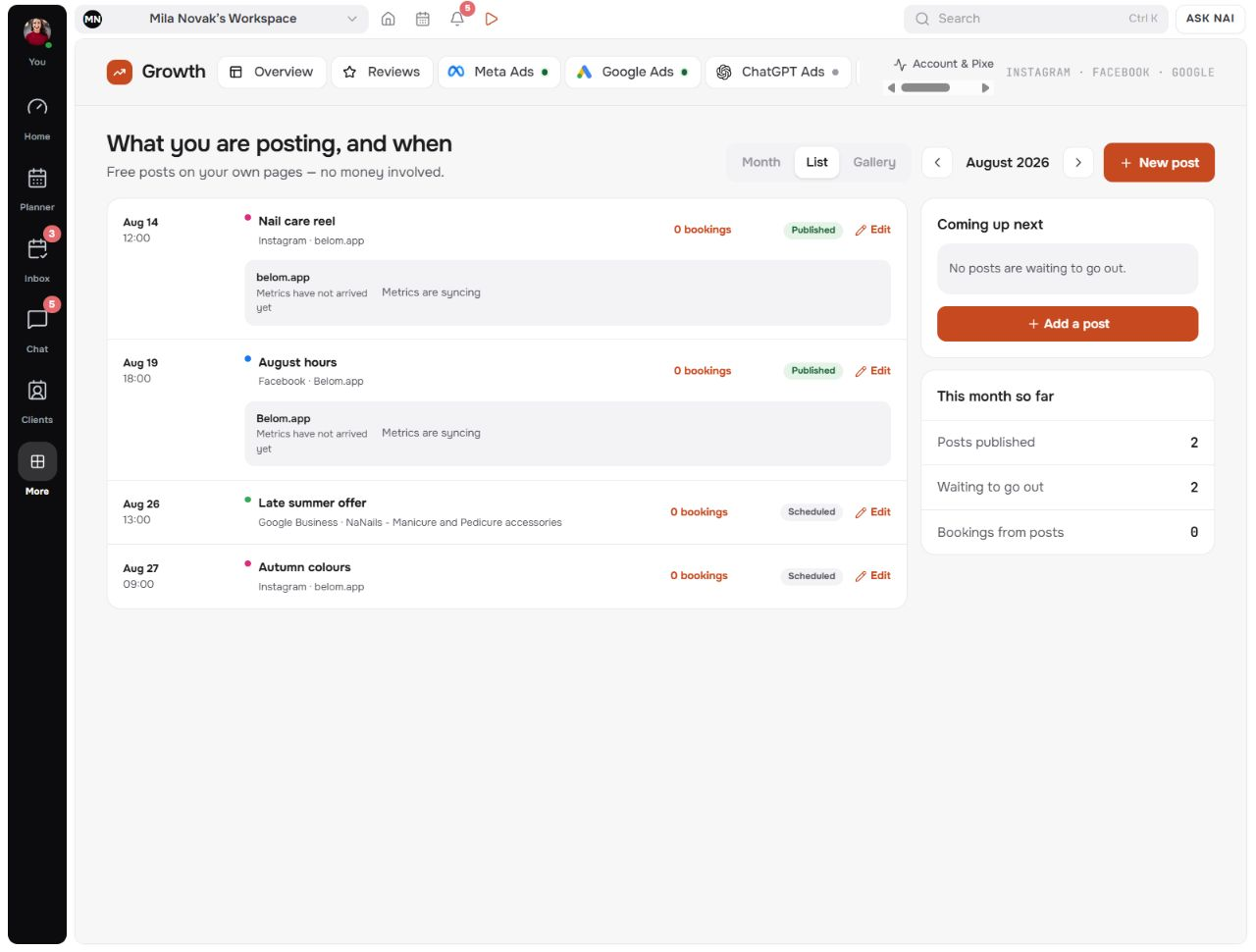 the Belom Content Calendar month view