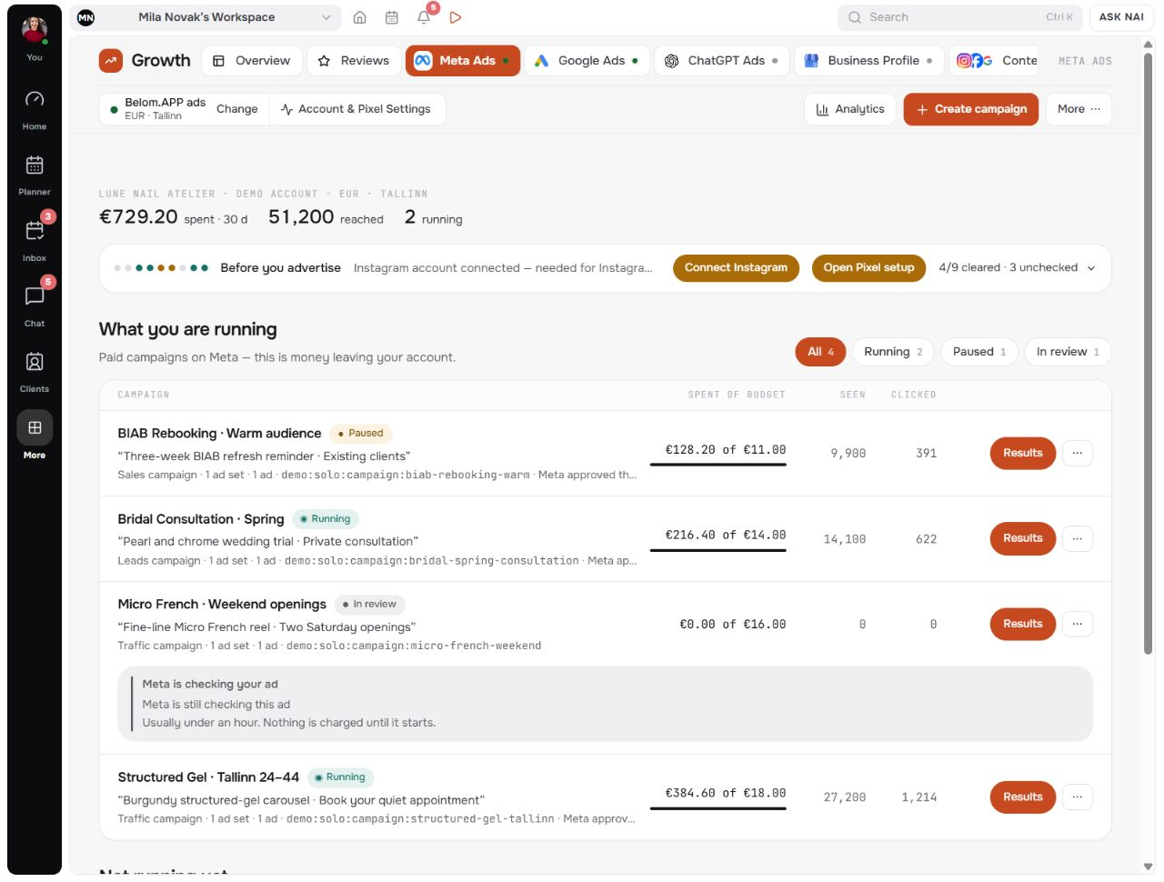 Growth & Ads results connected to bookings