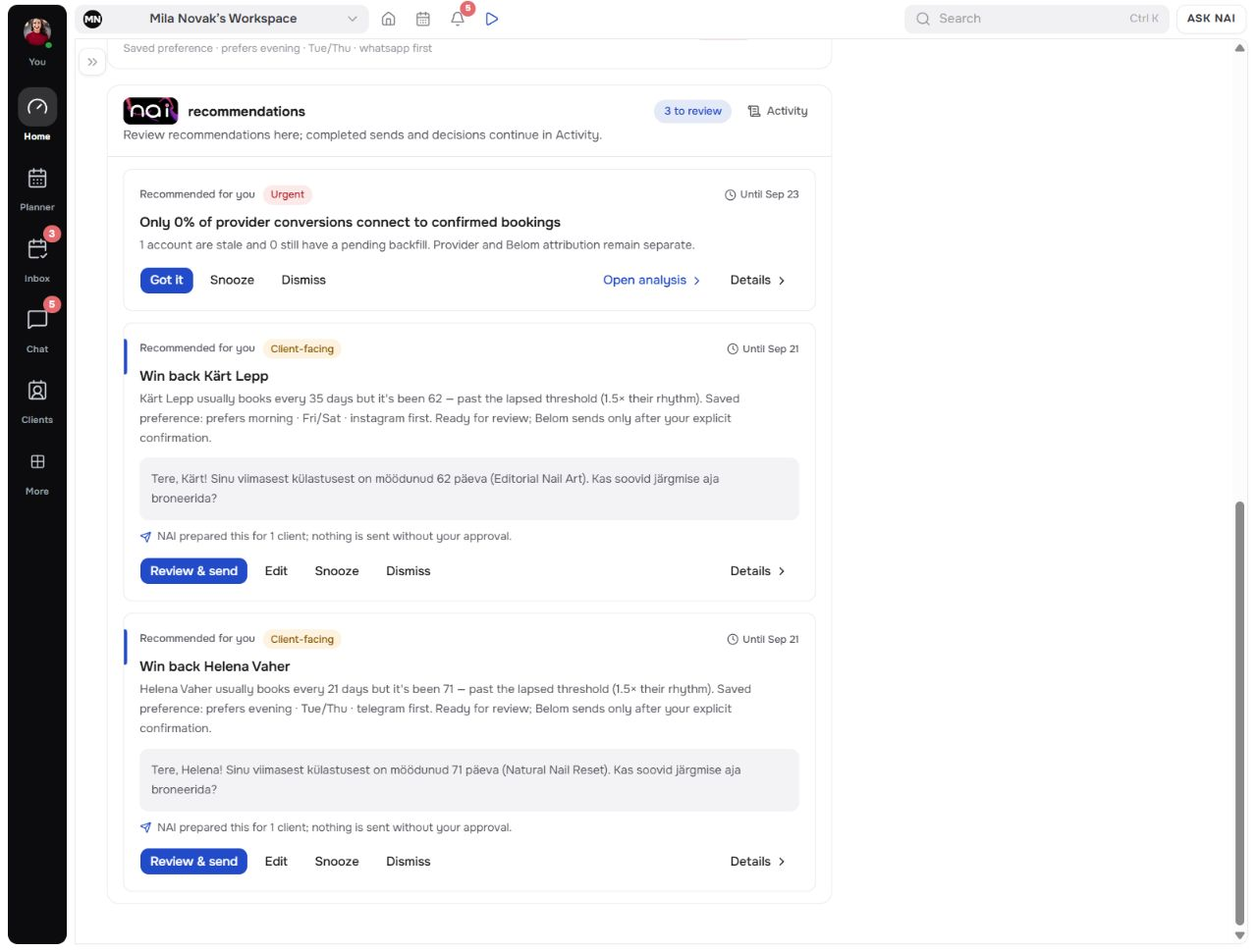 a reviewable NAI client reply draft
