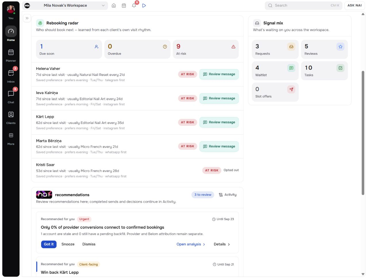the Rebooking Radar client queue