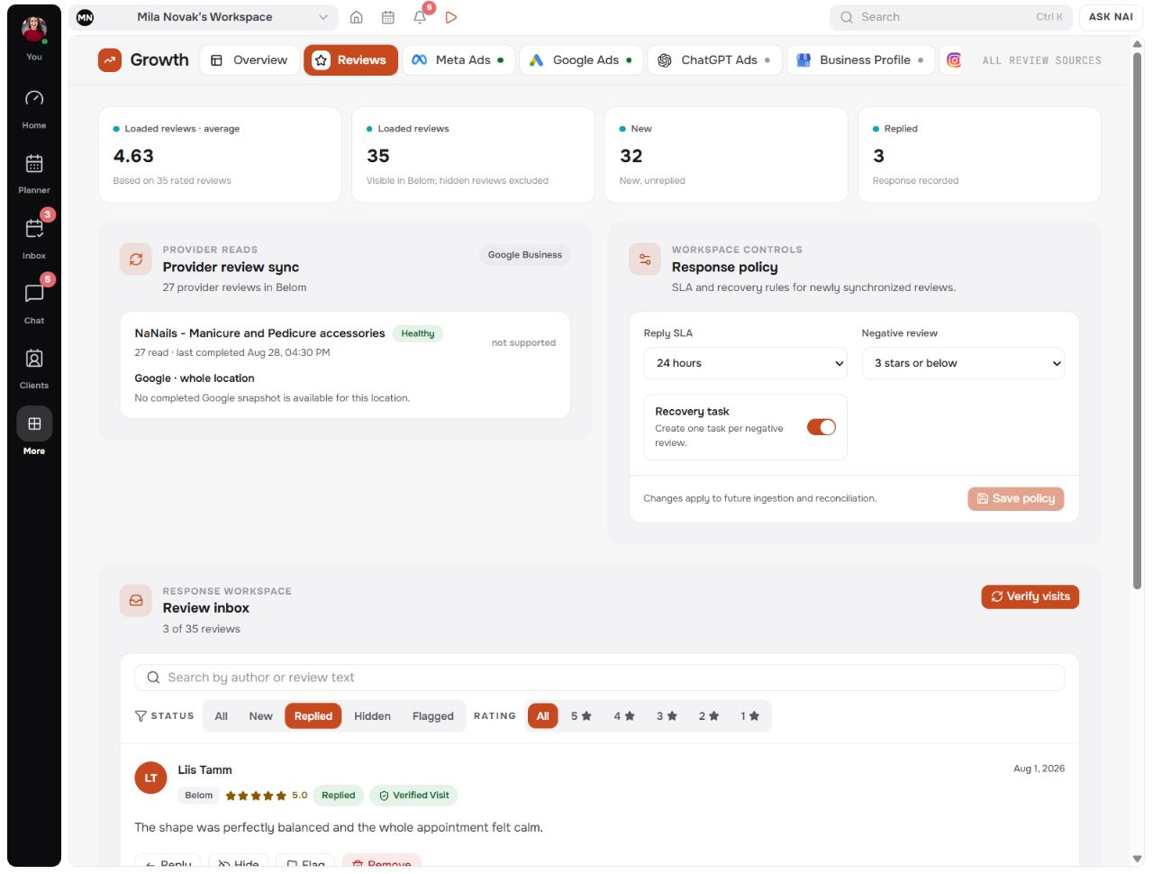 reviews and leads connected to the client journey